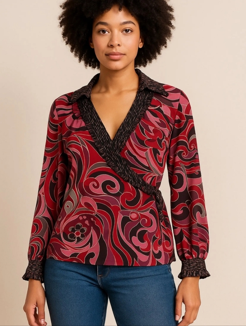 Bisou Bisou Red/Pink Swirl Wrap Blouse.  Size Large
